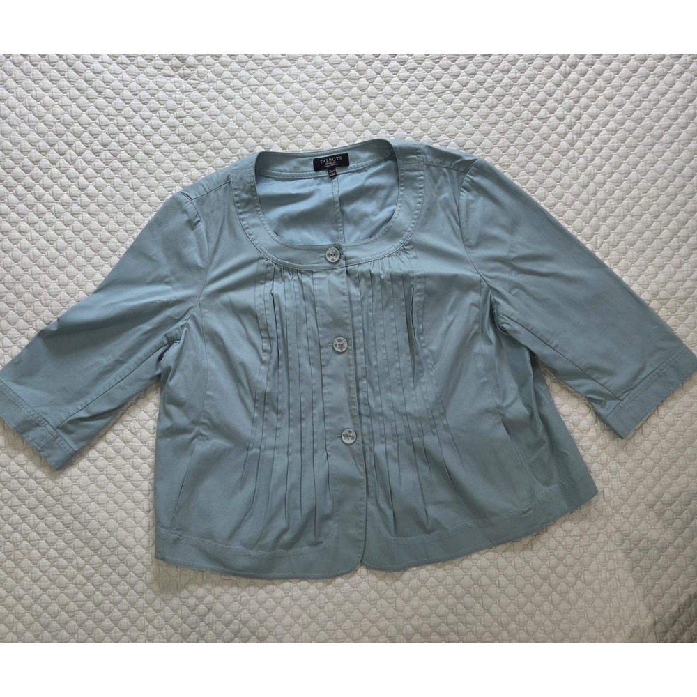 Talbots Woman Petites 22WP Light Blue Pleated Front Cropped Jacket 3/4 Sleeve